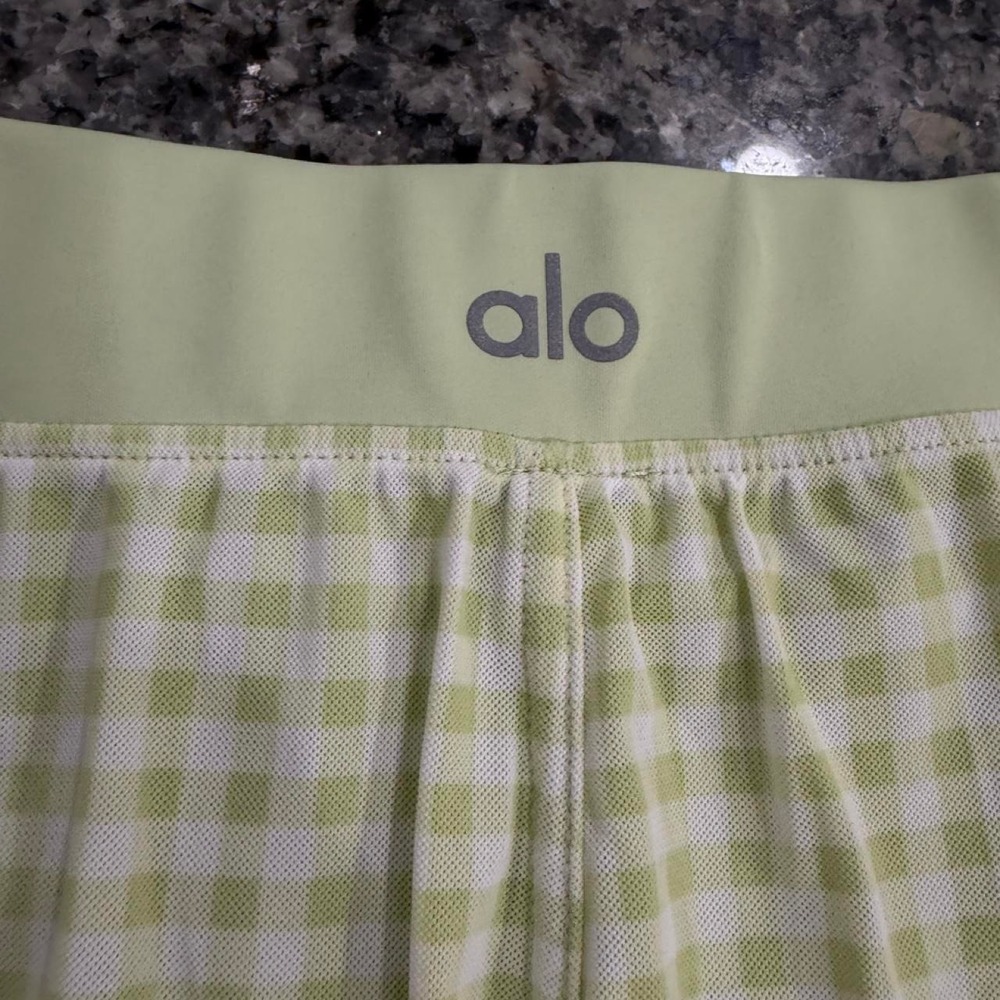 Alo Yoga White and Light Green Gingham Athletic Skirt with Built-in Shorts L - Picture 2 of 5